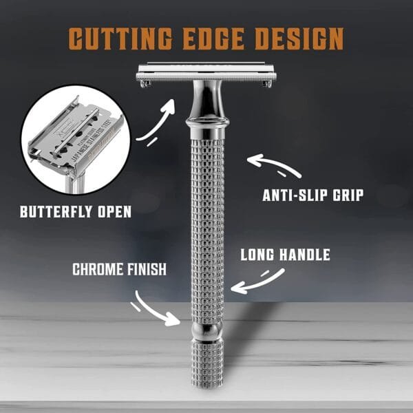 Viking Revolution Long Handle Double Edge Safety Razor - Butterfly Open Razor with 10 Japanese Stainless Steel Double Edge Safety Razor Blades - Close, Clean Shaving Razor for Men (Chrome Metal Razor) - Image 3